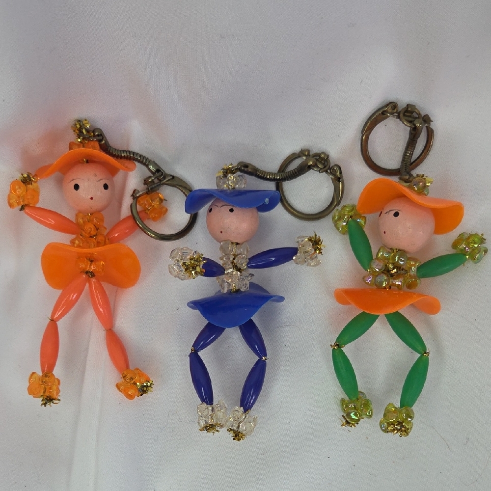 Lot Of Three Vintage Style Beaded Acrylic Pipe Cleaner Doll Keychains